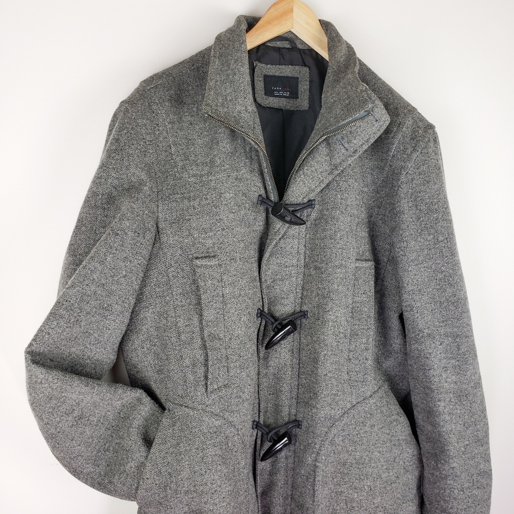 Zara Man Wool Peacoat Trench Jacket Gray Full Zip